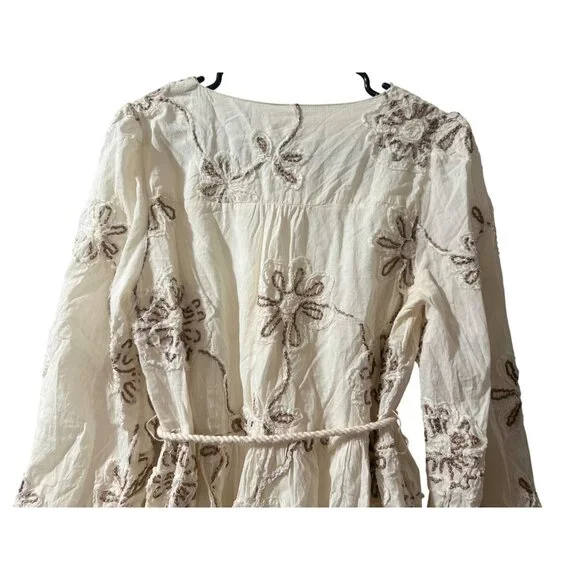 Camellia Embroidered 3D Floral Cottage Mini Dress Women Medium Cream Puff Sleeve - Picture 12 of 16